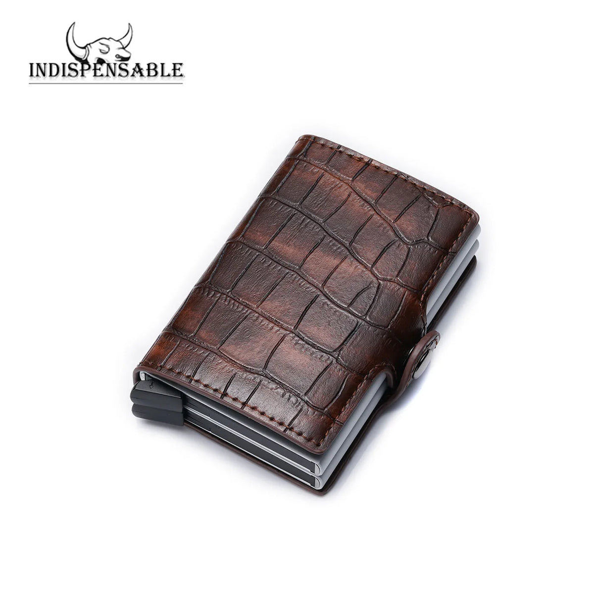 Double Card Holder in Aluminum and Crocodile Grain Leather with RFID Protection