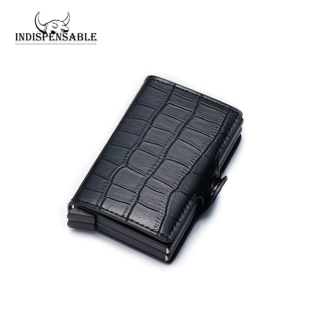 Double Card Holder in Aluminum and Crocodile Grain Leather with RFID Protection