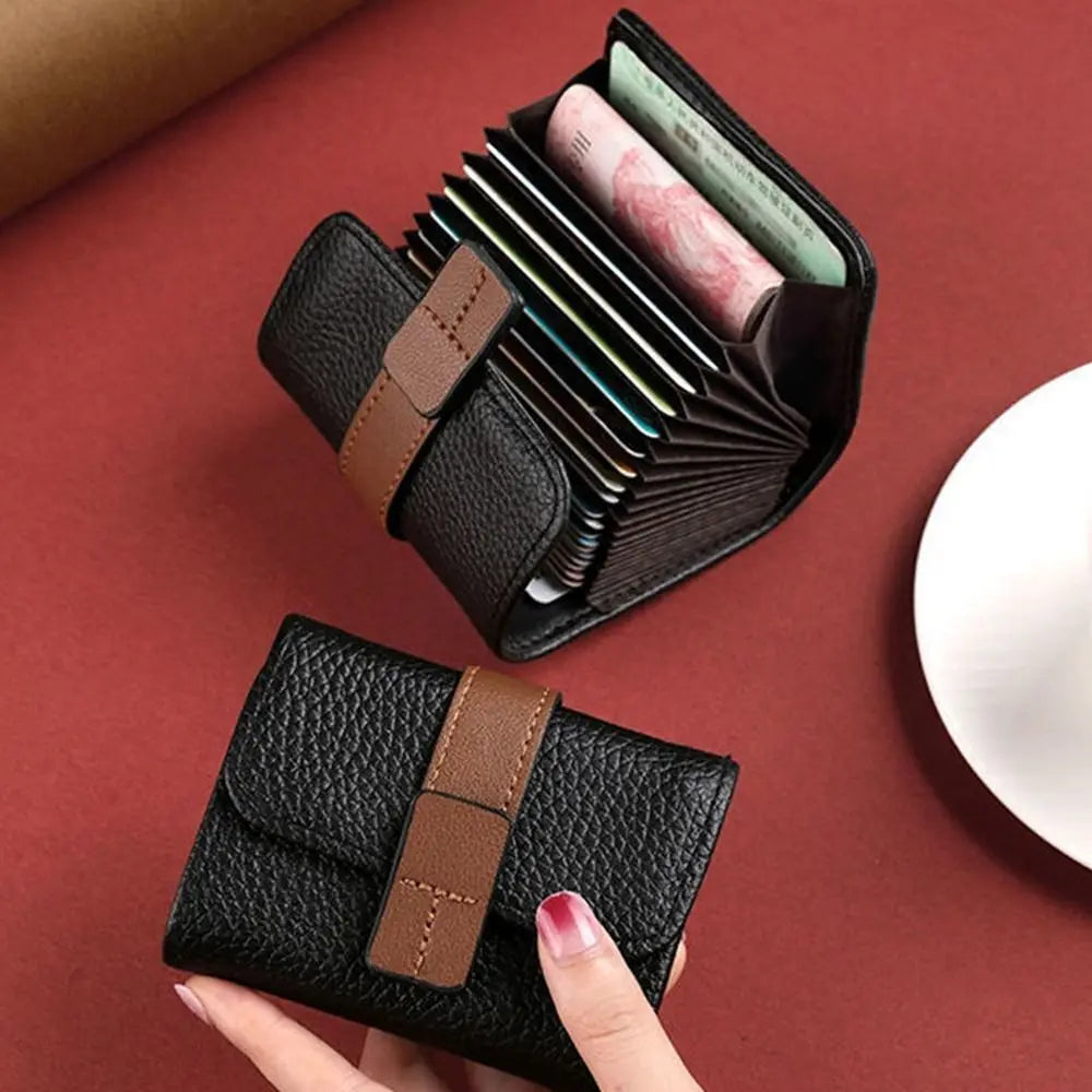 Accordion Card Holder in Faux Leather with Multiple Compartments and Snap Closure