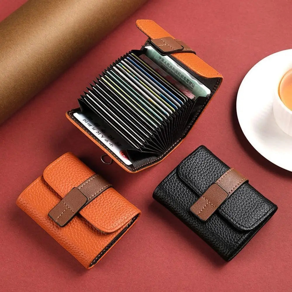 Accordion Card Holder in Faux Leather with Multiple Compartments and Snap Closure