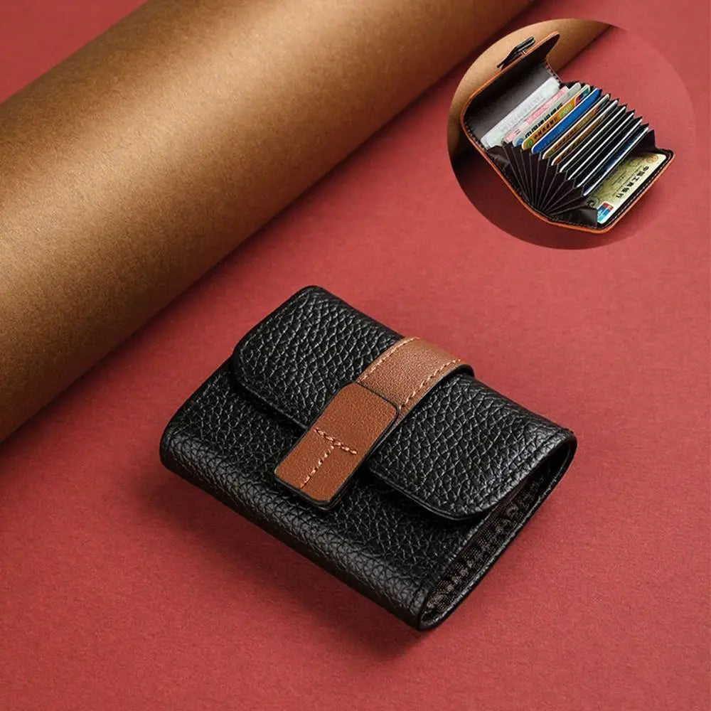 Accordion Card Holder in Faux Leather with Multiple Compartments and Snap Closure