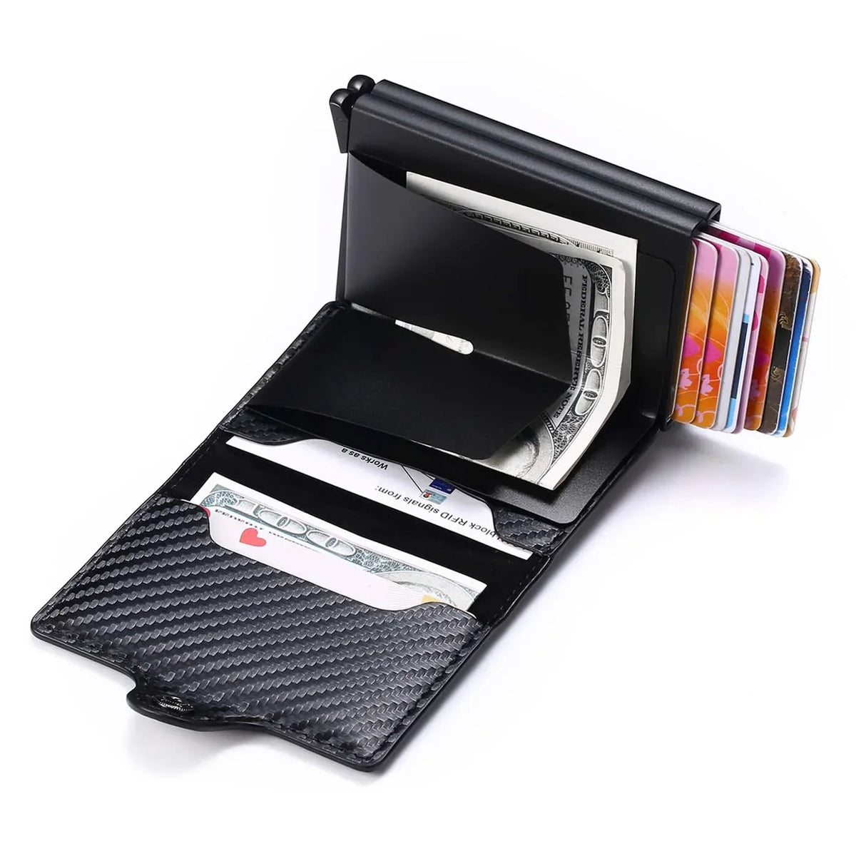 Slim Aluminum and PU Leather Carbon Fiber Effect Card Holder with Capacity for 14 Cards