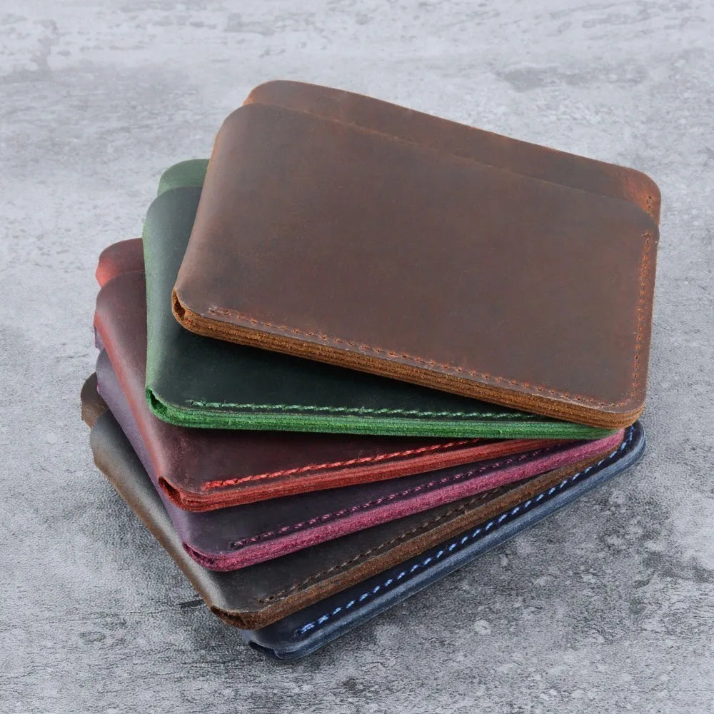 Compact Slim Genuine Crazy Horse Leather Card Holder with 3 Slots Unisex