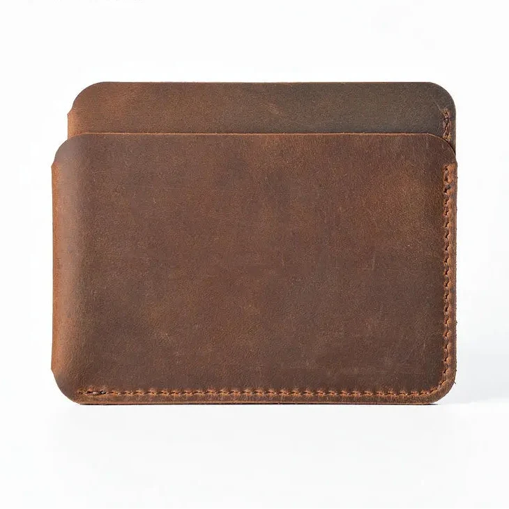 Compact Slim Genuine Crazy Horse Leather Card Holder with 3 Slots Unisex