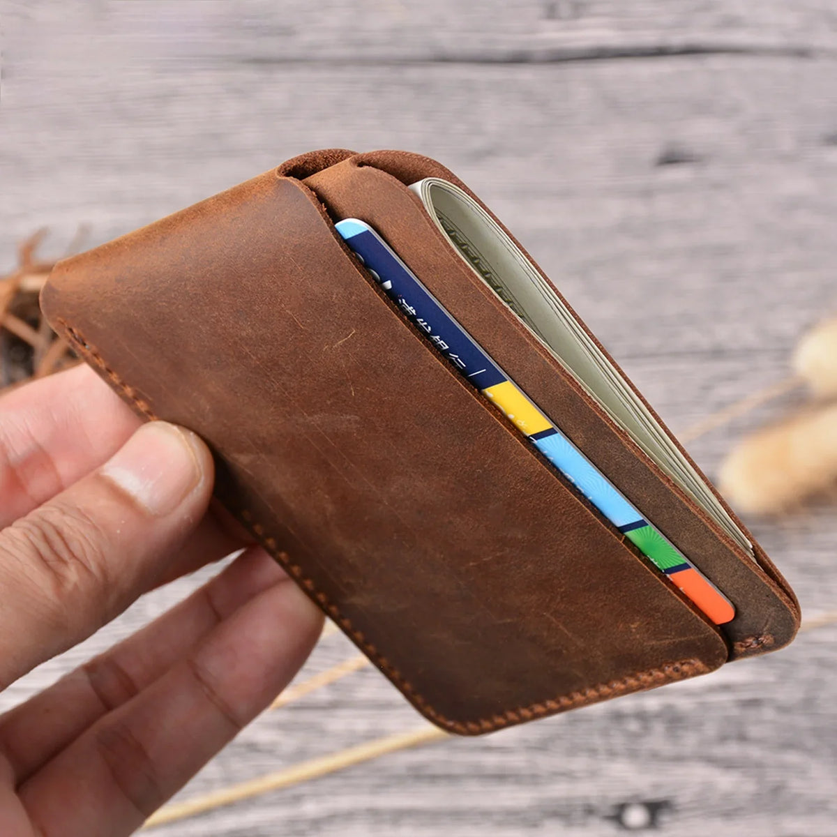 Compact Slim Genuine Crazy Horse Leather Card Holder with 3 Slots Unisex Image