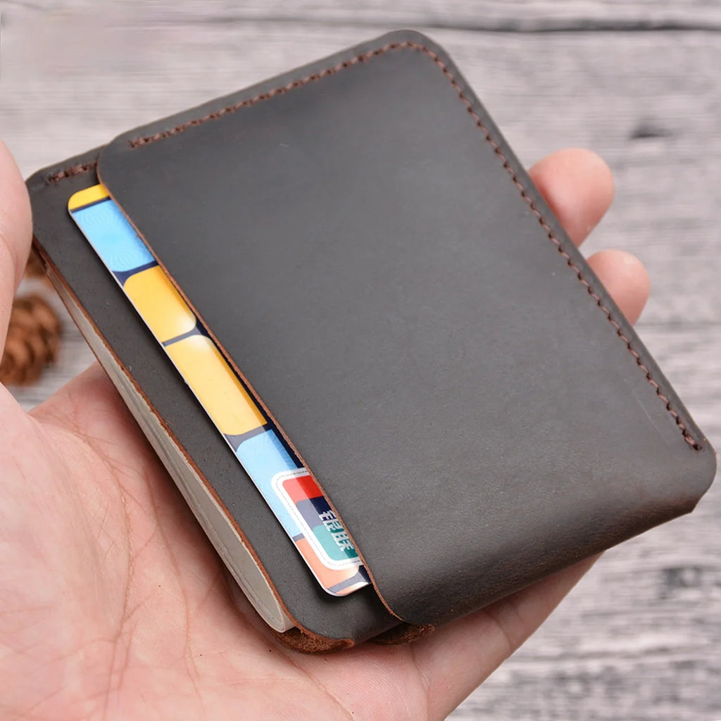 Compact Slim Genuine Crazy Horse Leather Card Holder with 3 Slots Unisex