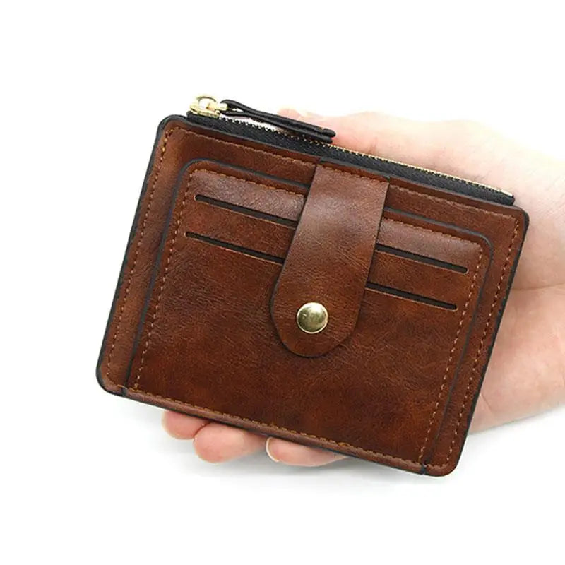 Compact PU Leather Card Holder with Zip and Snap Button Unisex Wallet