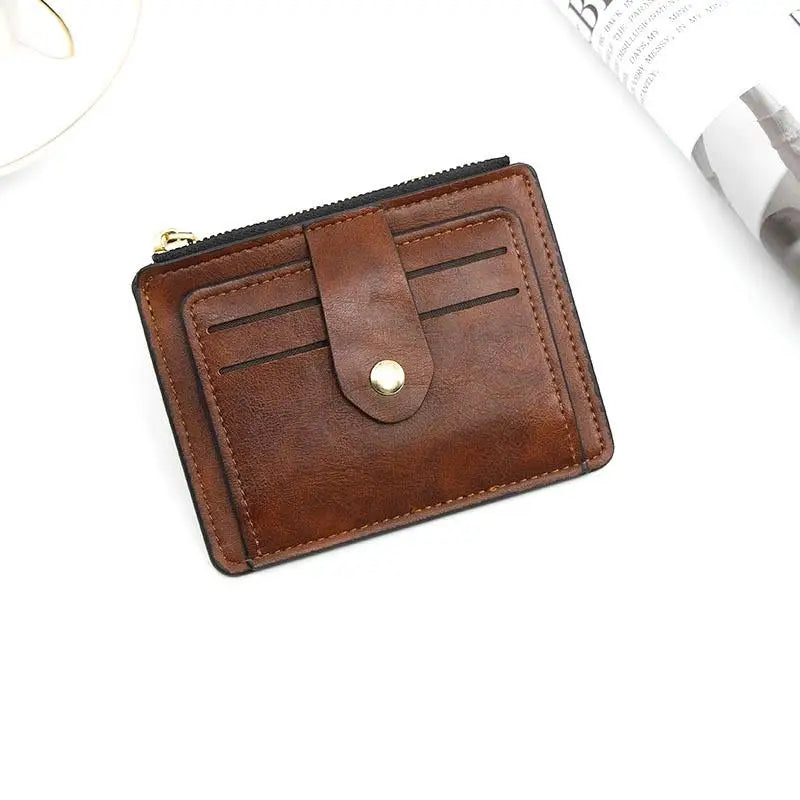 Compact PU Leather Card Holder with Zip and Snap Button Unisex Wallet