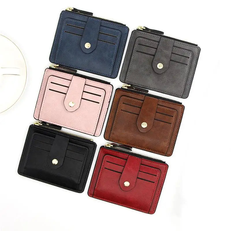 Compact PU Leather Card Holder with Zip and Snap Button Unisex Wallet