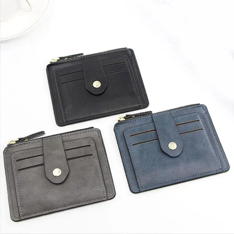 Compact PU Leather Card Holder with Zip and Snap Button Unisex Wallet