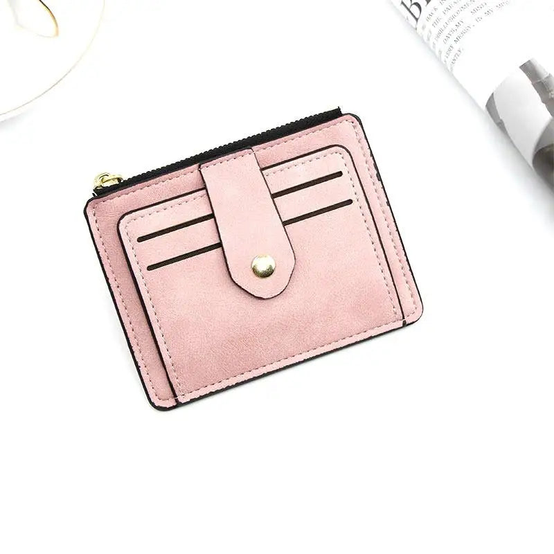 Compact PU Leather Card Holder with Zip and Snap Button Unisex Wallet