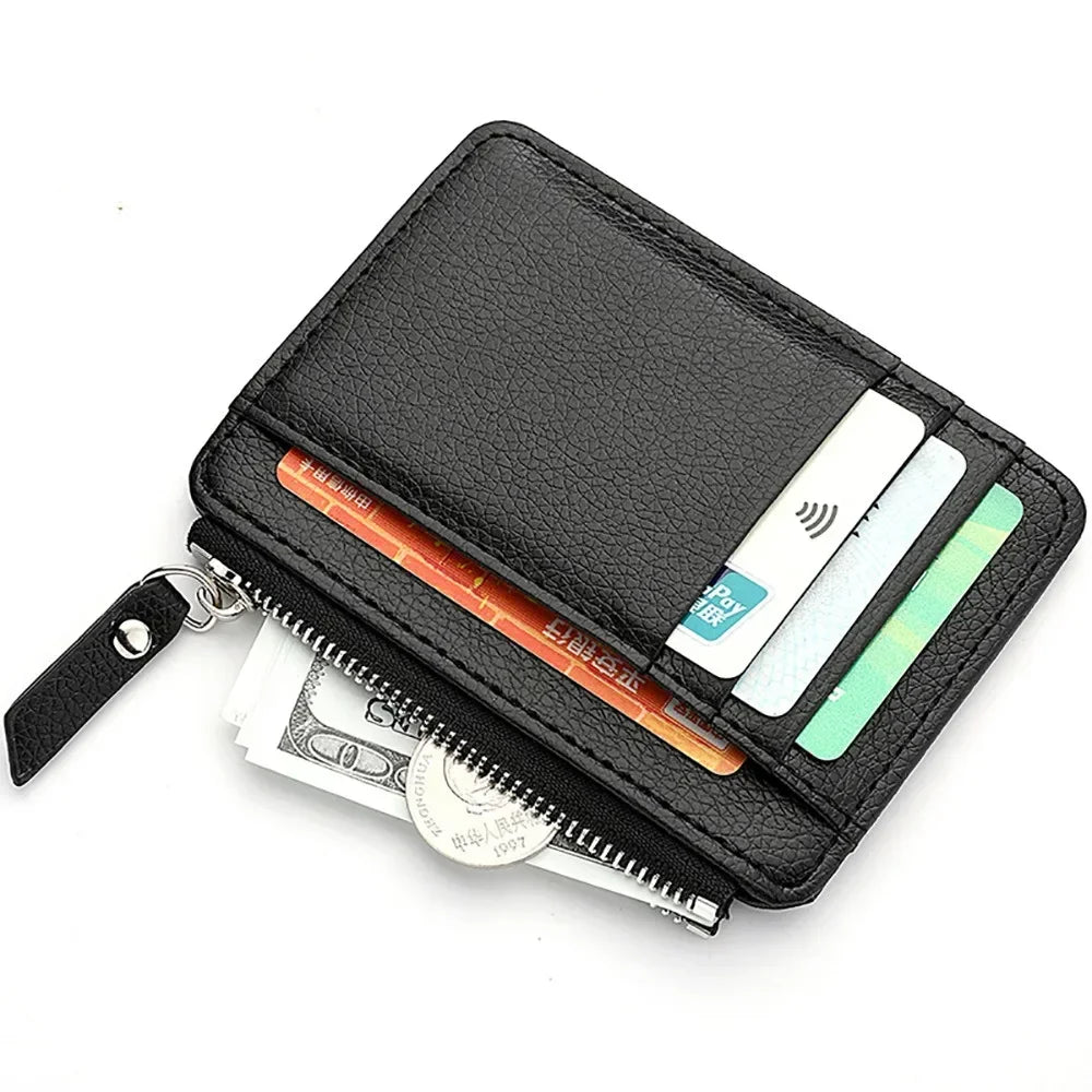 Ultra-thin compact PU leather zippered card holder with coin compartment