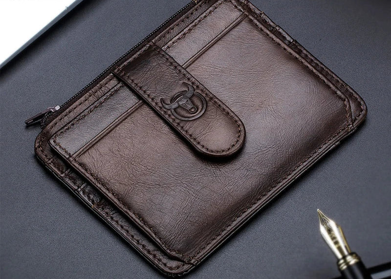 Men's Genuine Leather RFID Card Holder with Zip and Compact Flap