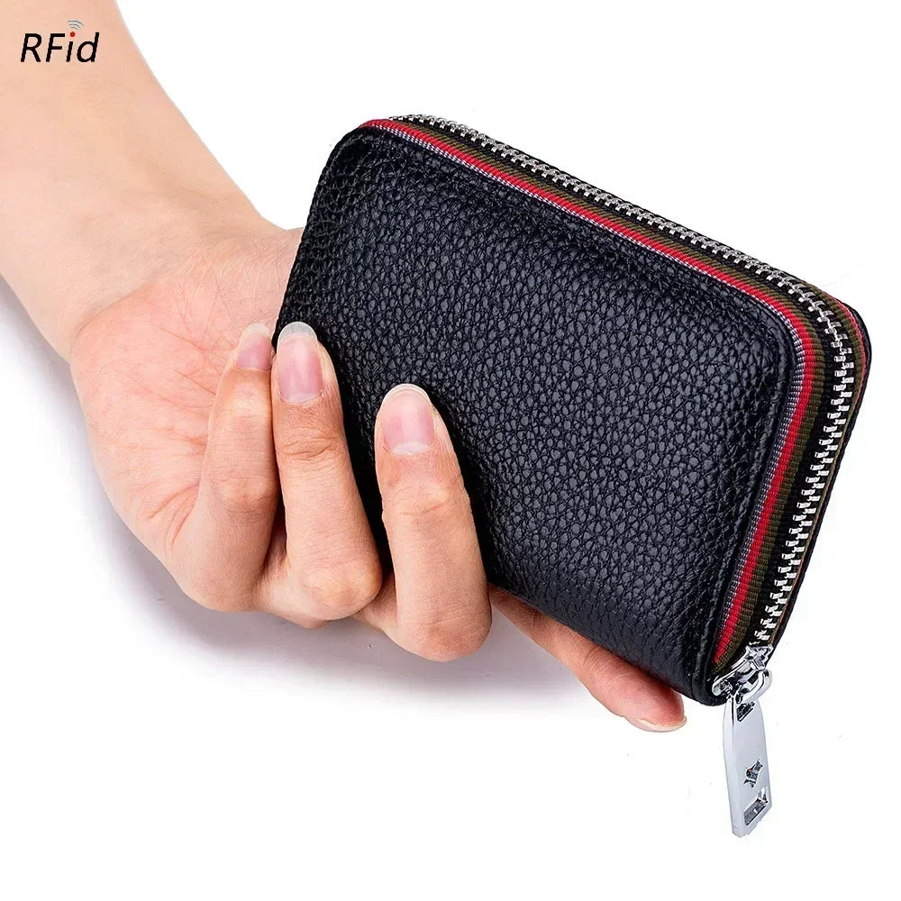 Compact Unisex Genuine Leather Zippered RFID Card Holder