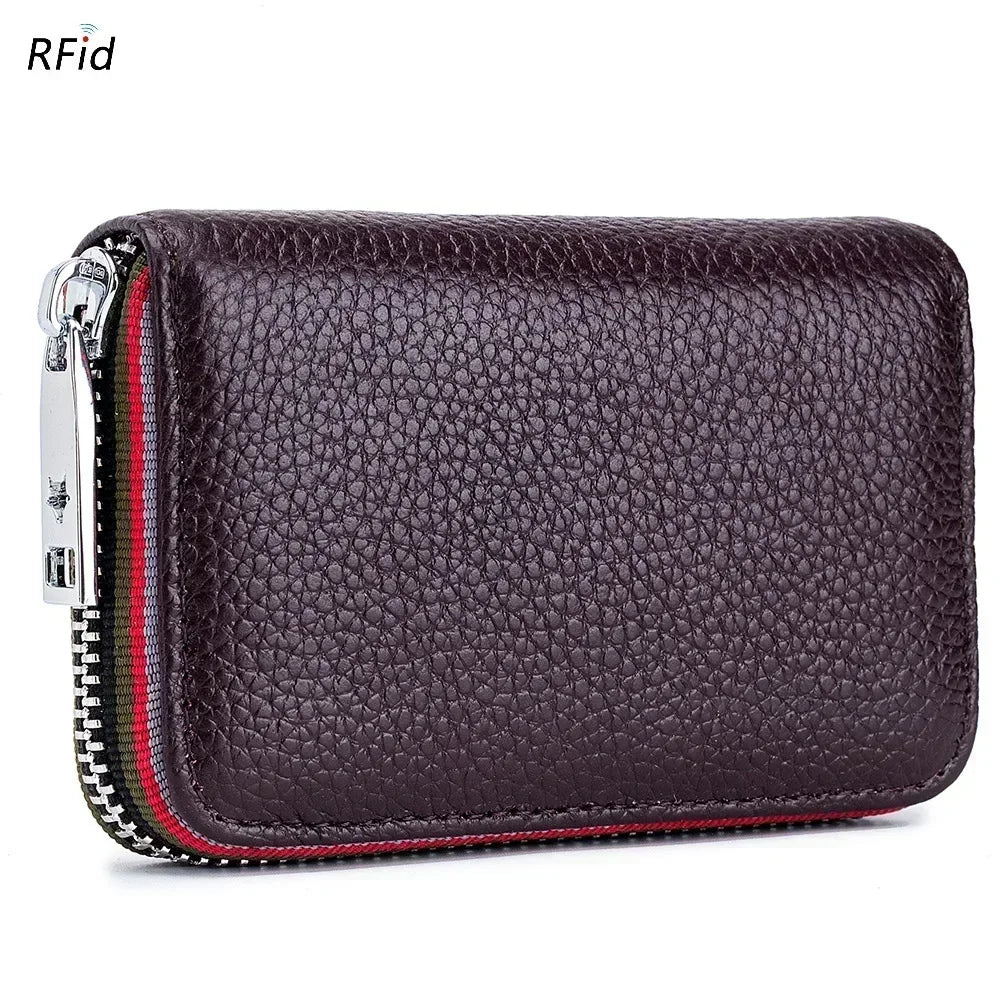 Compact Unisex Genuine Leather Zippered RFID Card Holder