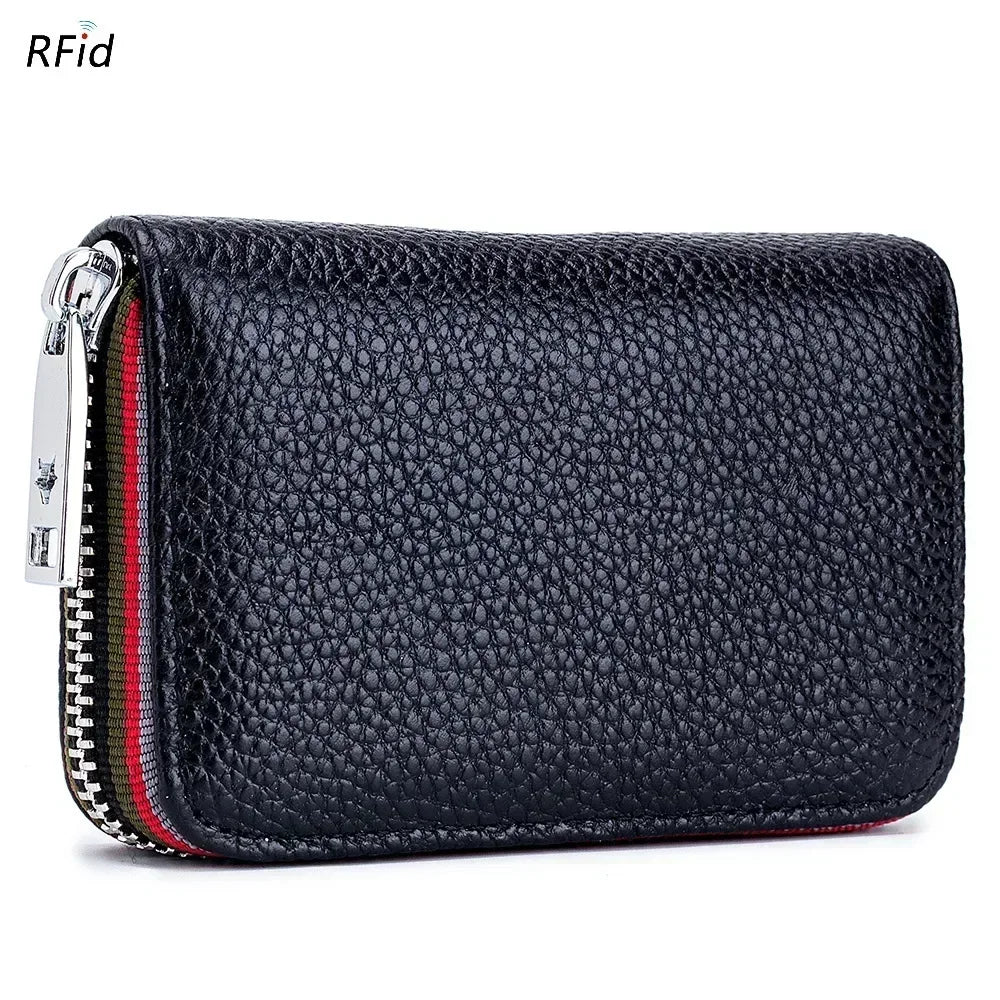 Compact Unisex Genuine Leather Zippered RFID Card Holder