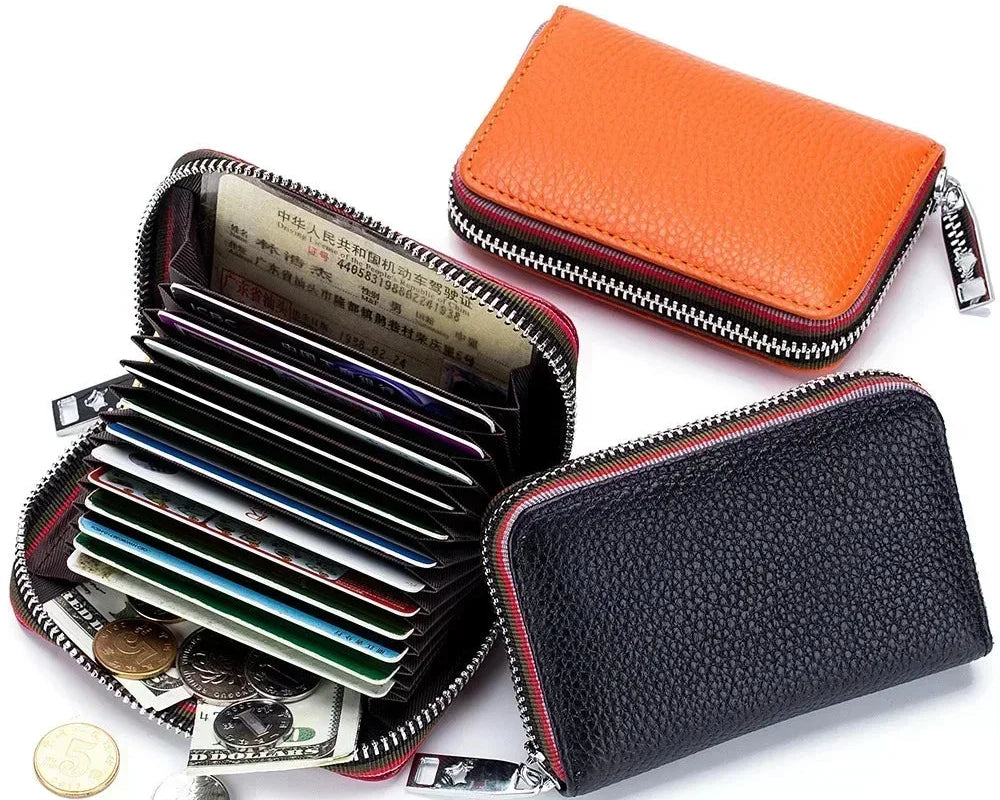 Compact Unisex Genuine Leather Zippered RFID Card Holder