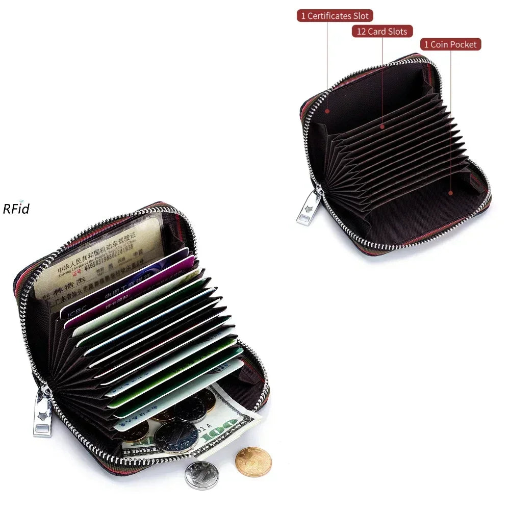 Compact Unisex Genuine Leather Zippered RFID Card Holder