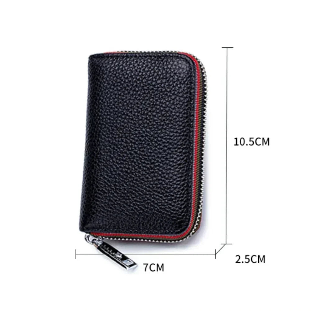 Compact Unisex Genuine Leather Zippered RFID Card Holder