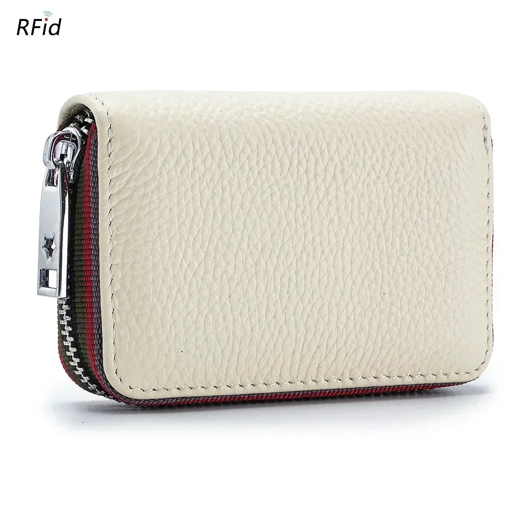 Compact Unisex Genuine Leather Zippered RFID Card Holder