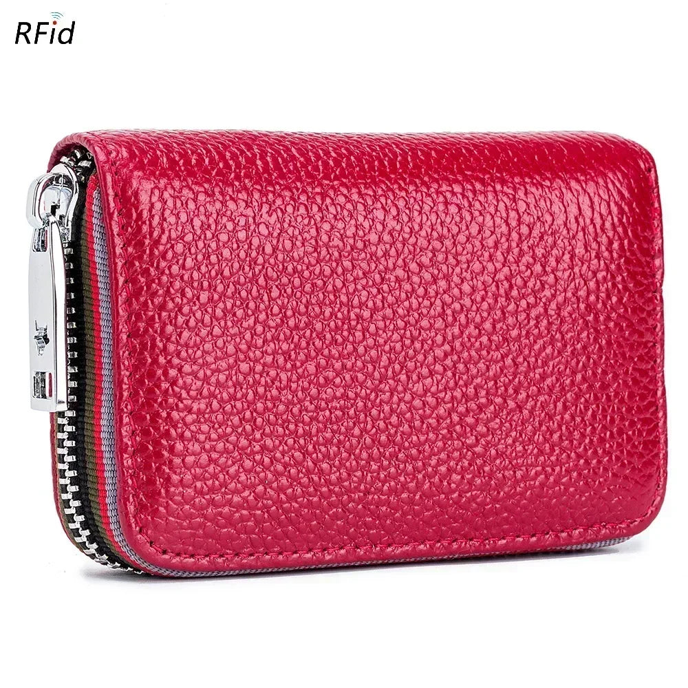 Compact Unisex Genuine Leather Zippered RFID Card Holder