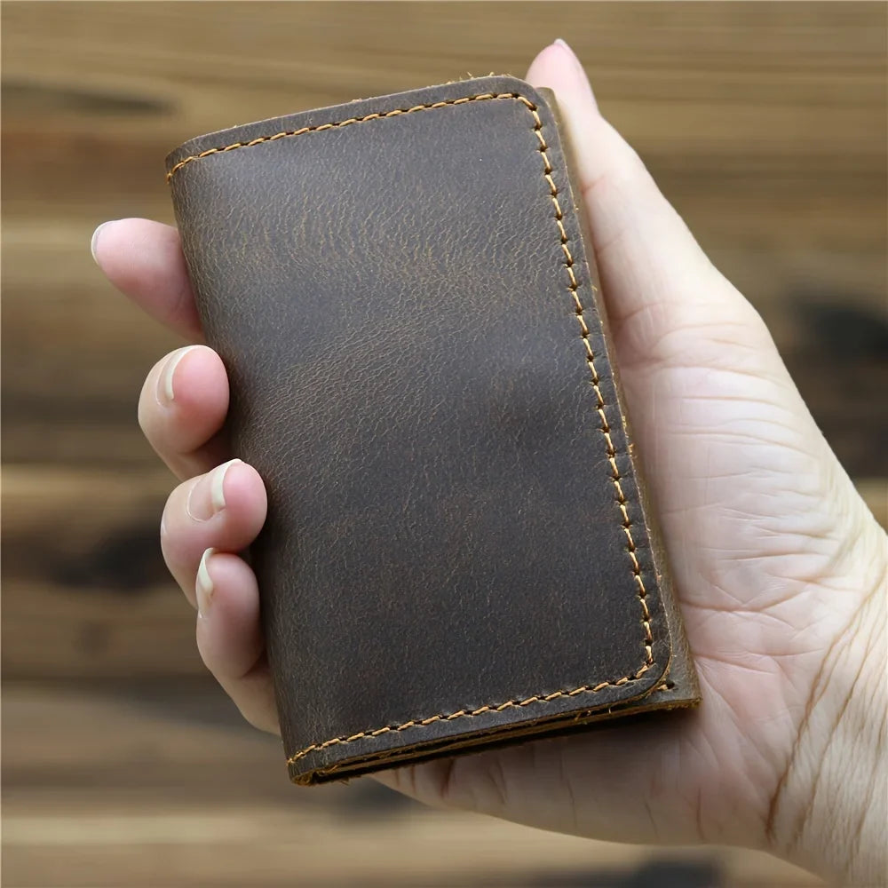 Compact Genuine Leather Card Holder with Snap Button for Cards and ID