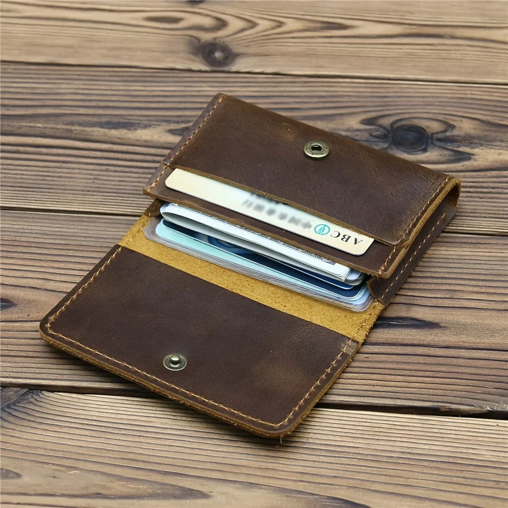 Compact Genuine Leather Card Holder with Snap Button for Cards and ID