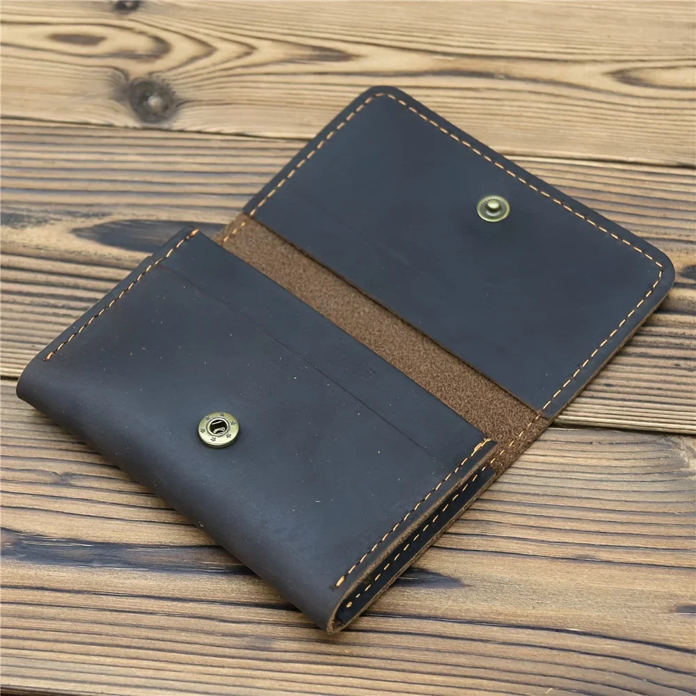 Compact Genuine Leather Card Holder with Snap Button for Cards and ID