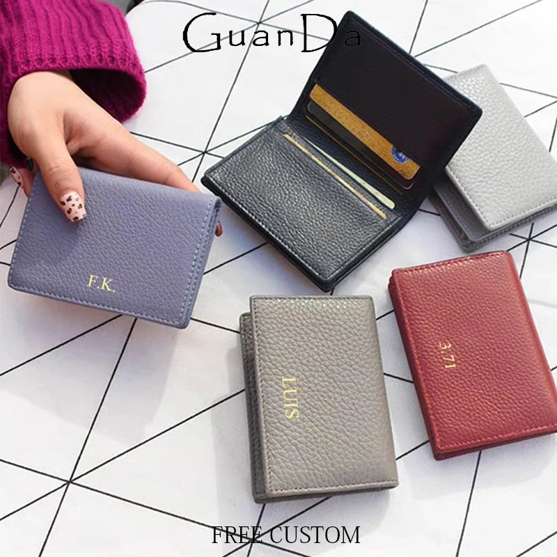 Customizable Genuine Leather Unisex Card Holder with Compartments and Foldable Closure Image