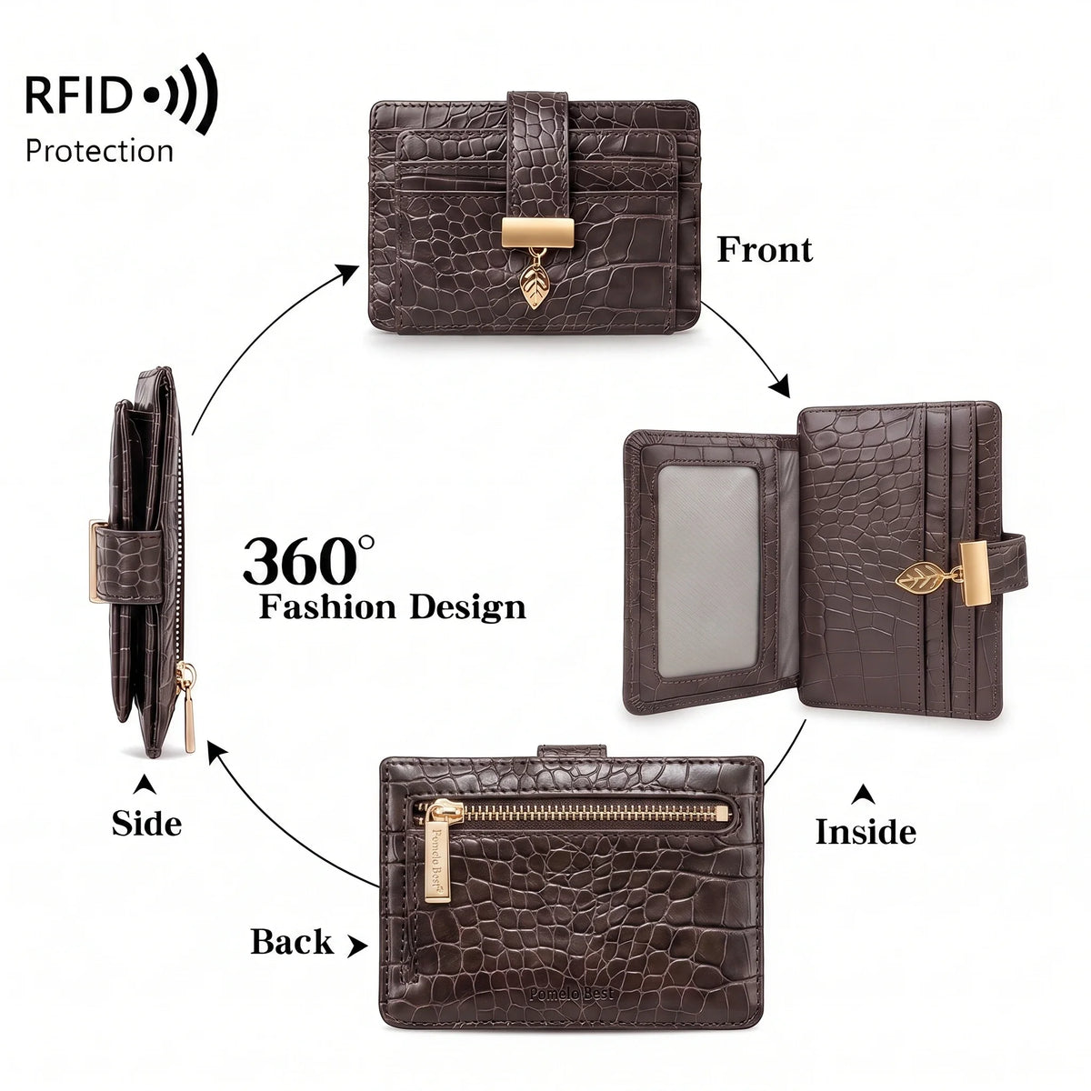 Women's Croco-Embossed Card Holder, 5 Slots and Zip Coin Pocket Image