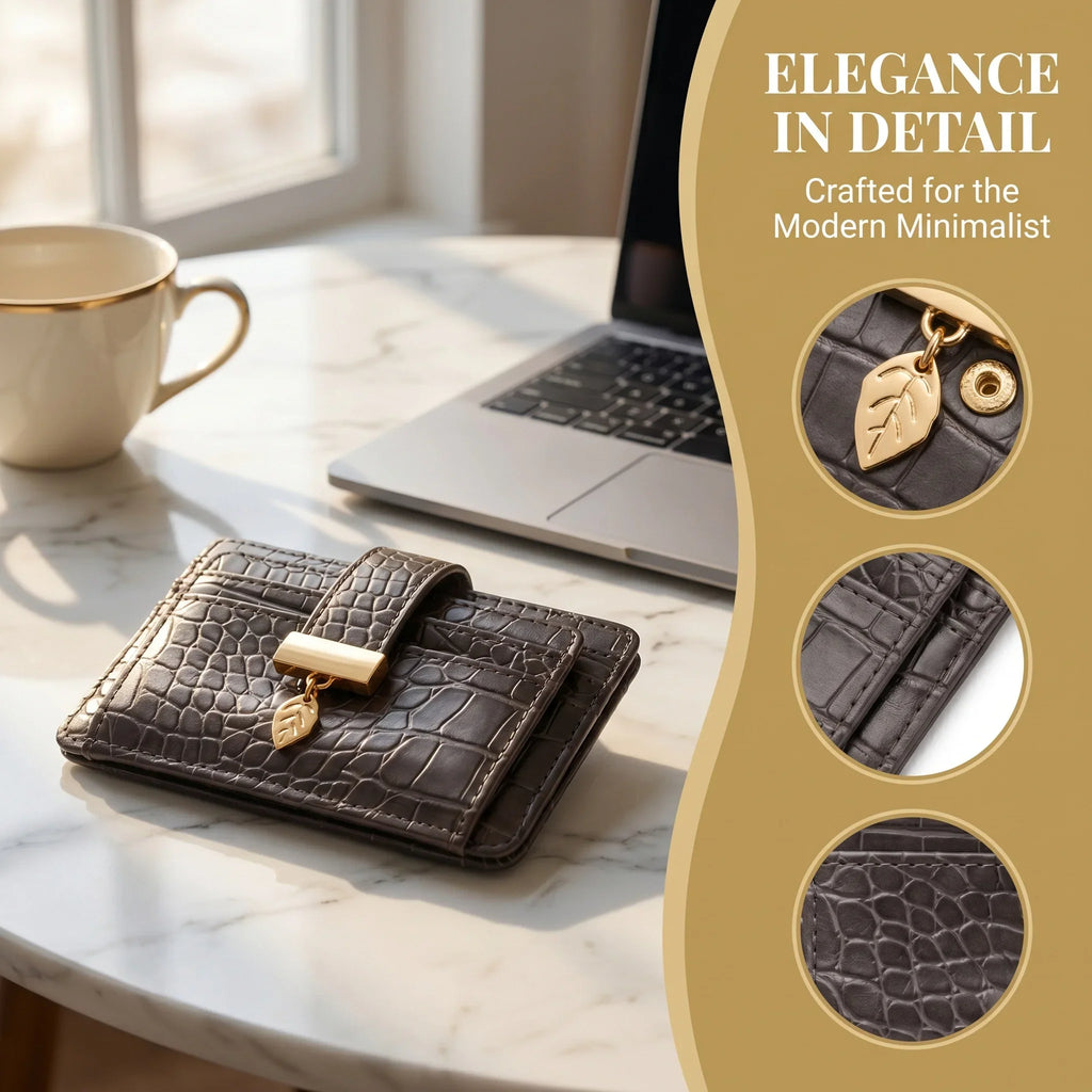 Women's Croco-Embossed Card Holder, 5 Slots and Zip Coin Pocket