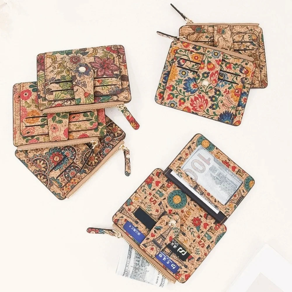 Ultra-thin Compact Zip Wallet in Ethnic Cork