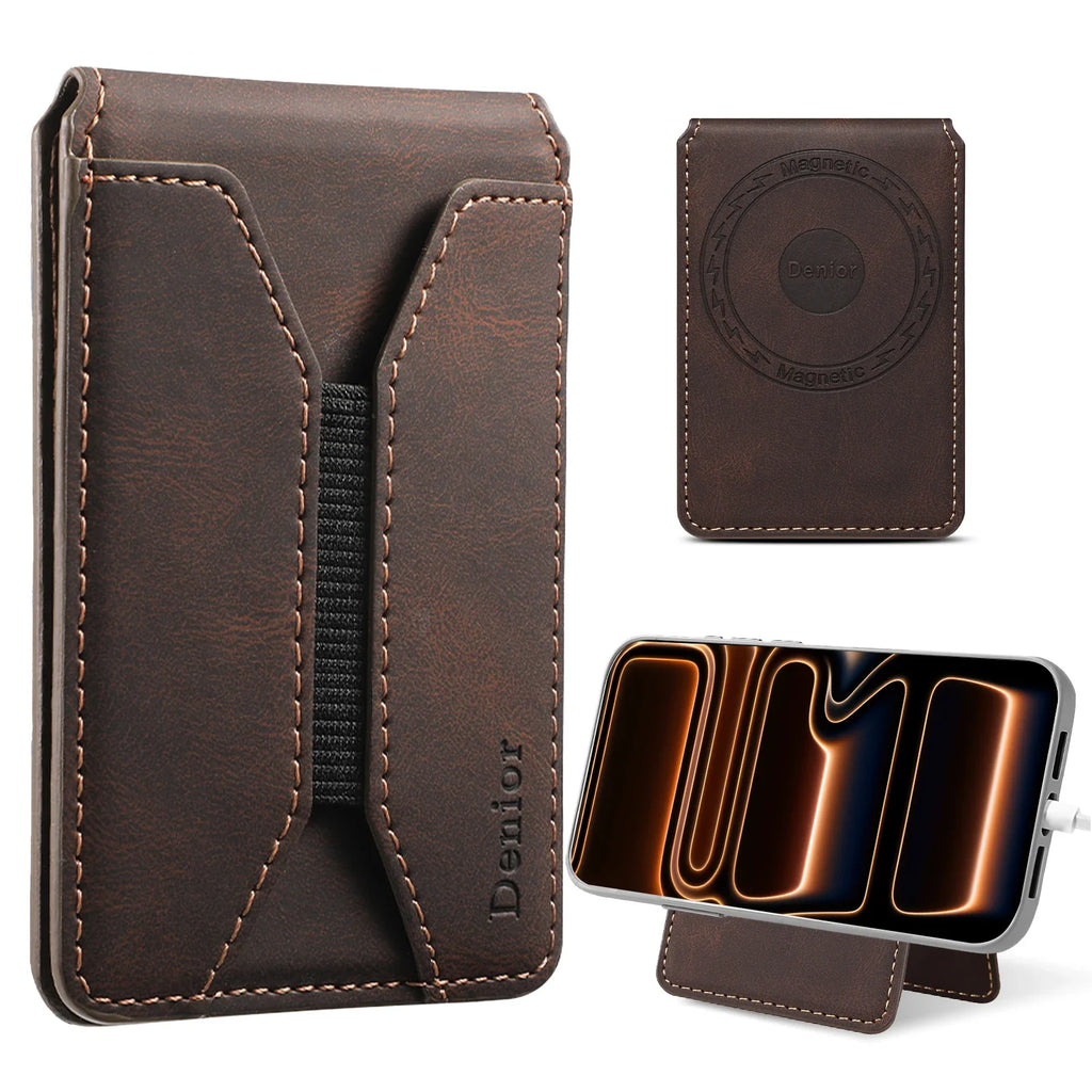 Magnetic PU Leather Card Holder with Elastic Strap and Clear Window