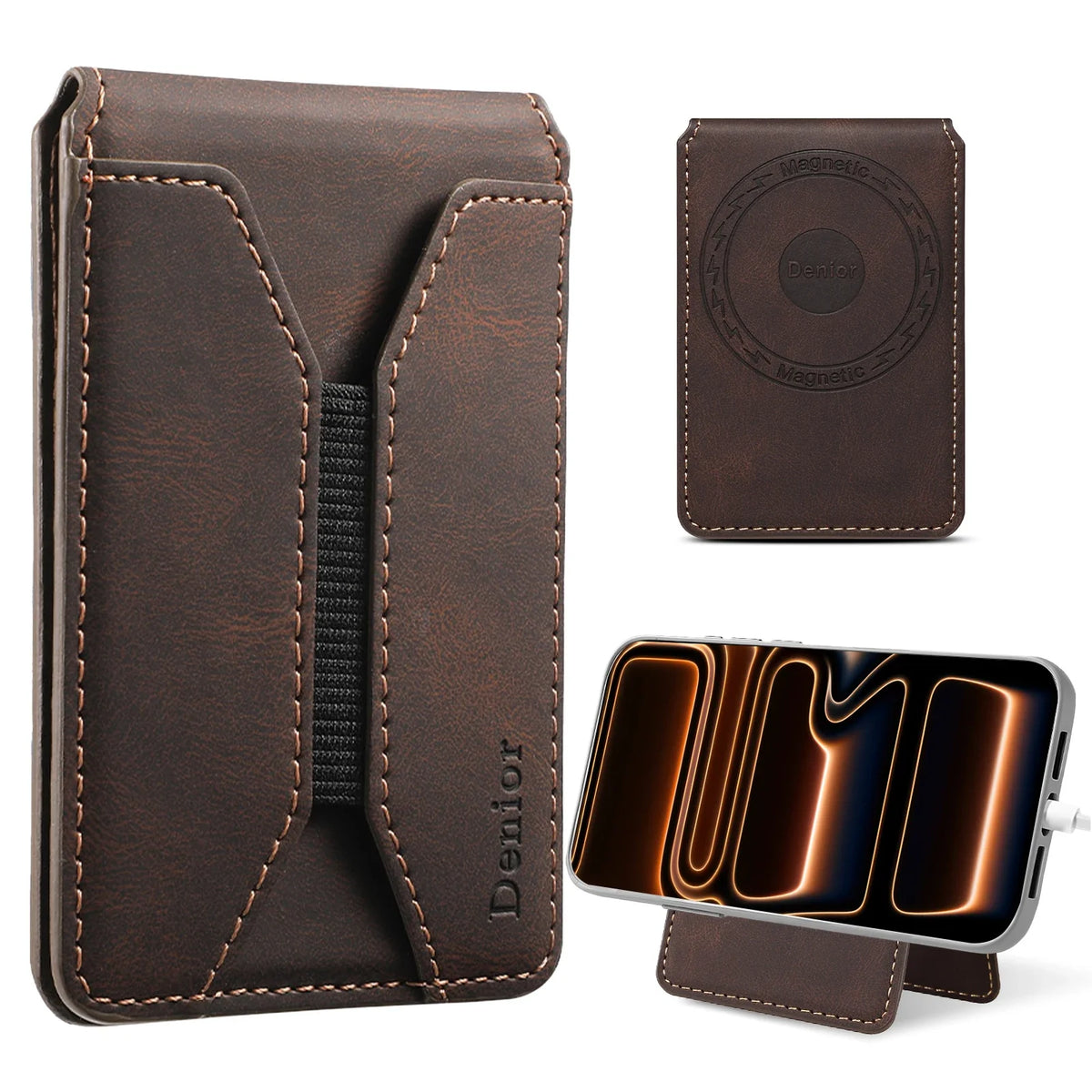 Magnetic PU Leather Card Holder with Elastic Strap and Clear Window Image