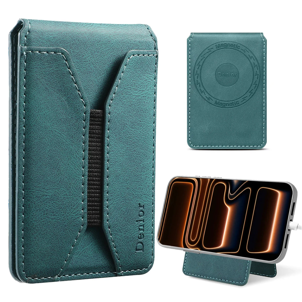 Magnetic PU Leather Card Holder with Elastic Strap and Clear Window