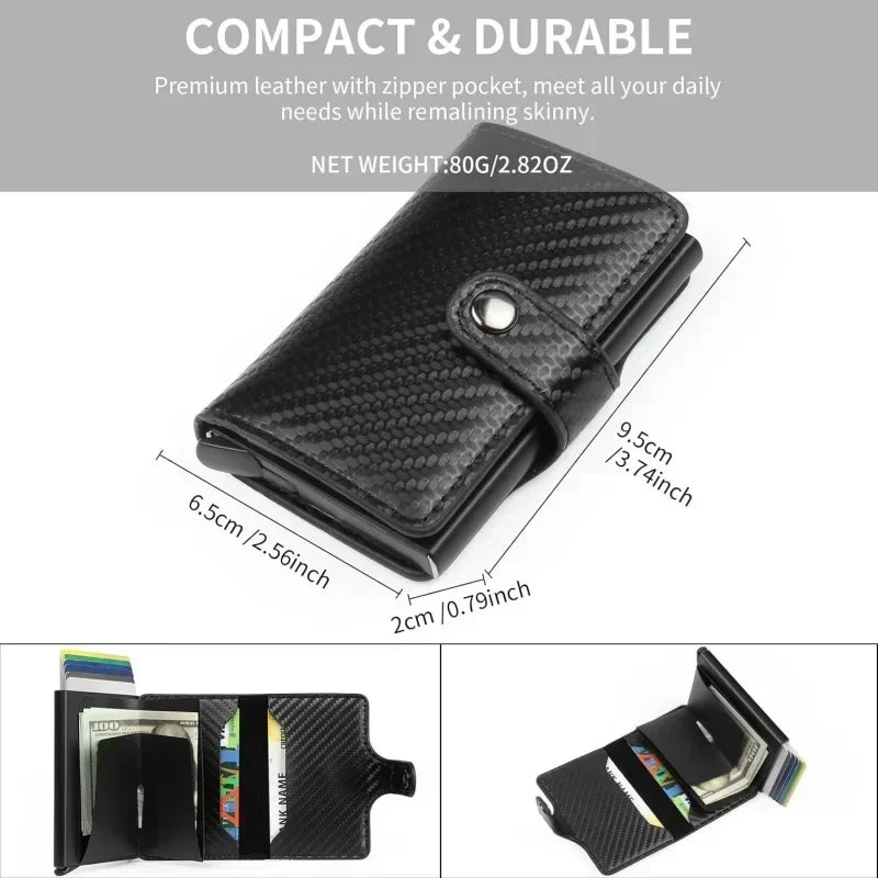 Compact Carbon Fiber Effect Card Holder with Snap Button and Quick Access Pop-Up Image
