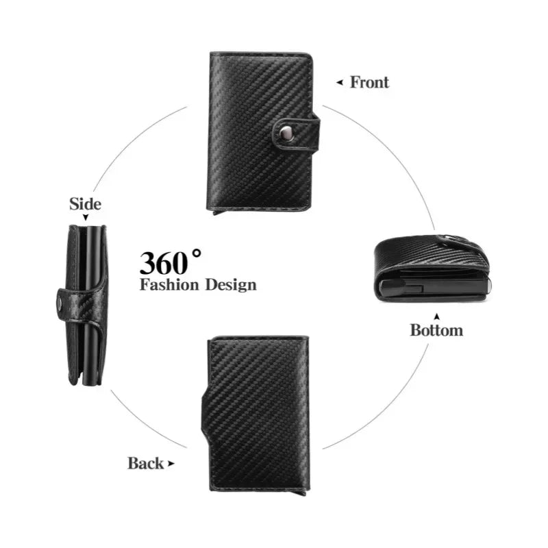 Compact Carbon Fiber Effect Card Holder with Snap Button and Quick Access Pop-Up