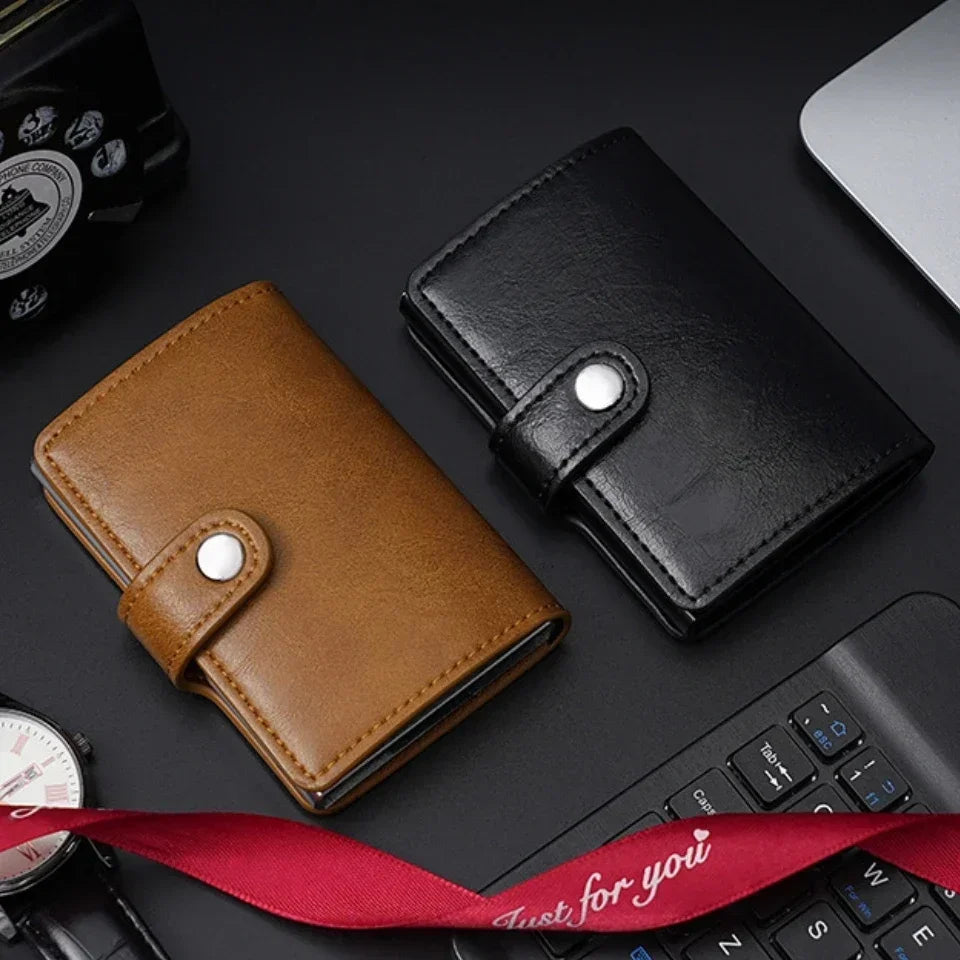 Compact Carbon Fiber Effect Card Holder with Snap Button and Quick Access Pop-Up