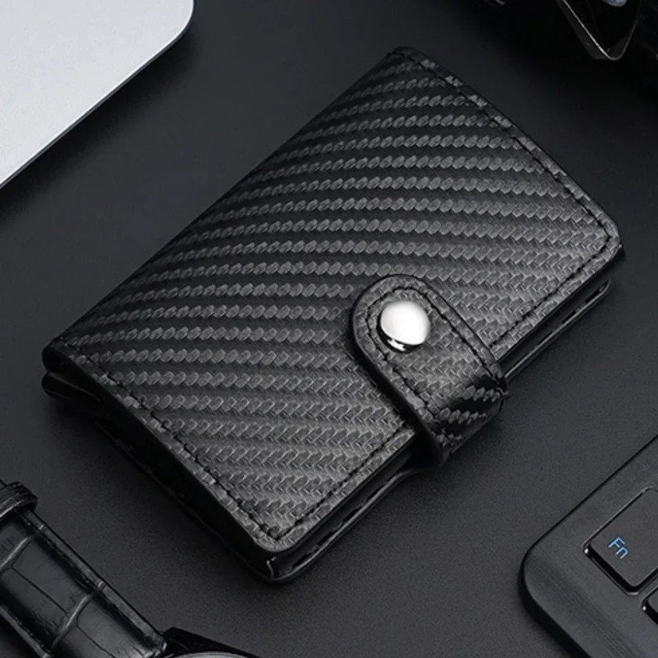 Compact Carbon Fiber Effect Card Holder with Snap Button and Quick Access Pop-Up