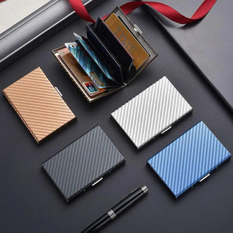Compact Carbon Fiber Effect Aluminum RFID Card Holder with Clip Closure and Sleek Unisex Design