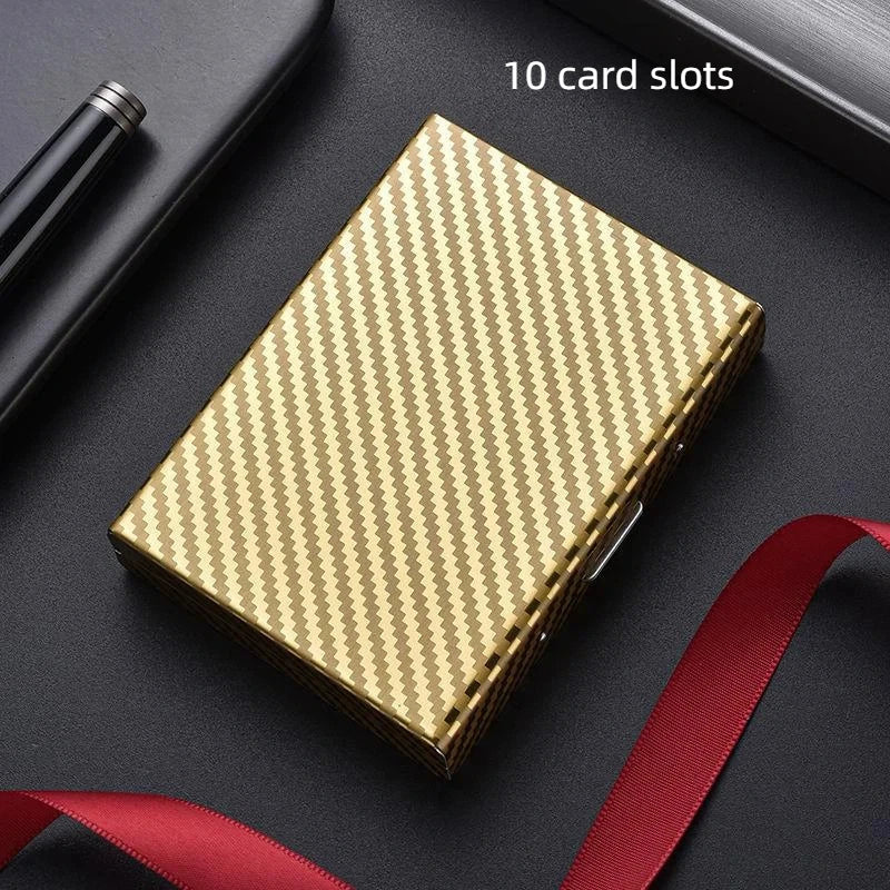Compact Carbon Fiber Effect Aluminum RFID Card Holder with Clip Closure and Sleek Unisex Design