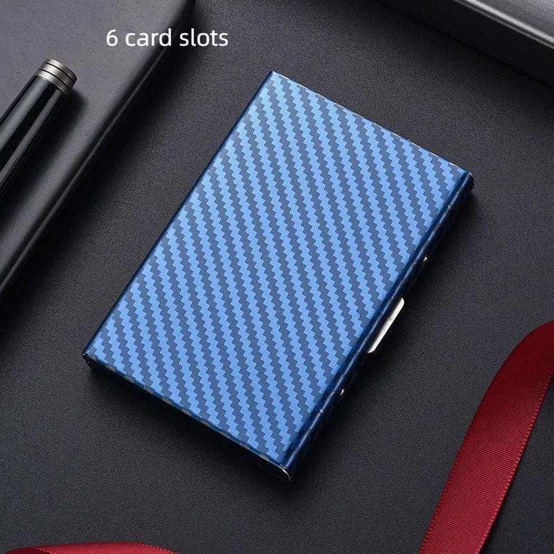 Compact Carbon Fiber Effect Aluminum RFID Card Holder with Clip Closure and Sleek Unisex Design