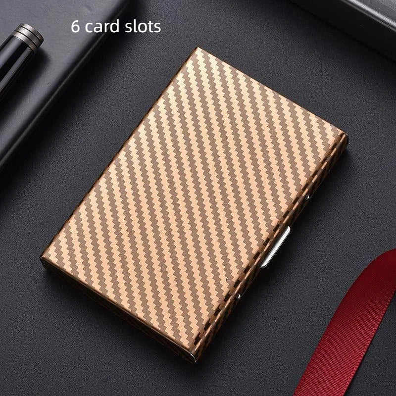 Compact Carbon Fiber Effect Aluminum RFID Card Holder with Clip Closure and Sleek Unisex Design