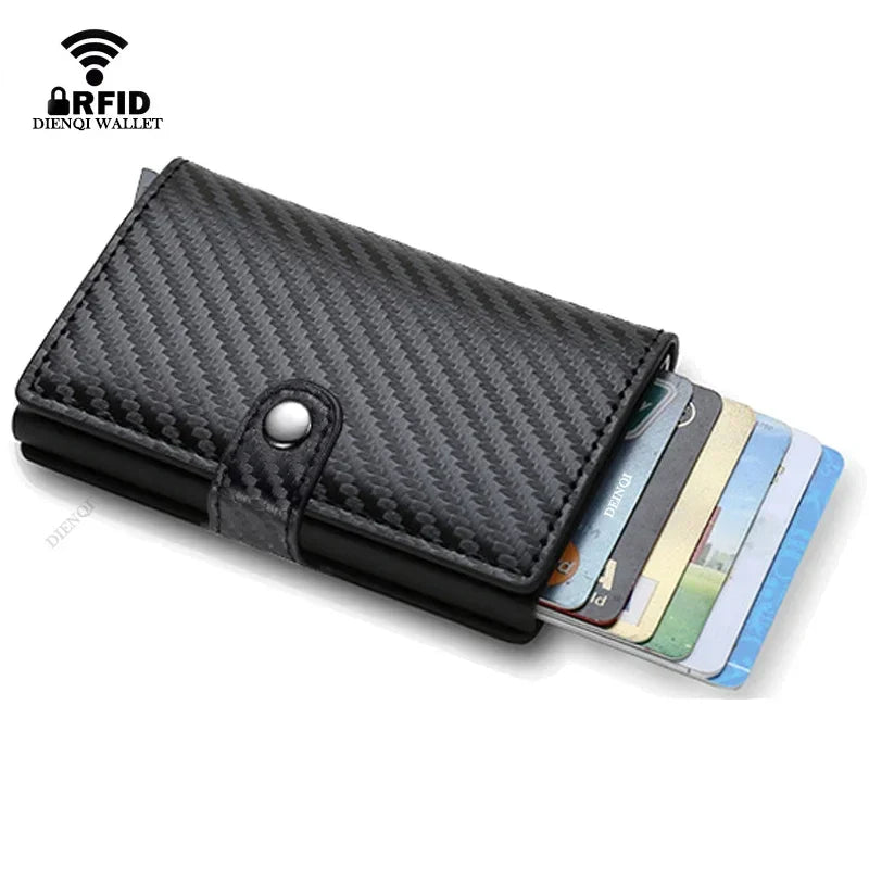 Slim Carbon Fiber Effect Aluminum RFID Card Holder with Anti-Theft System