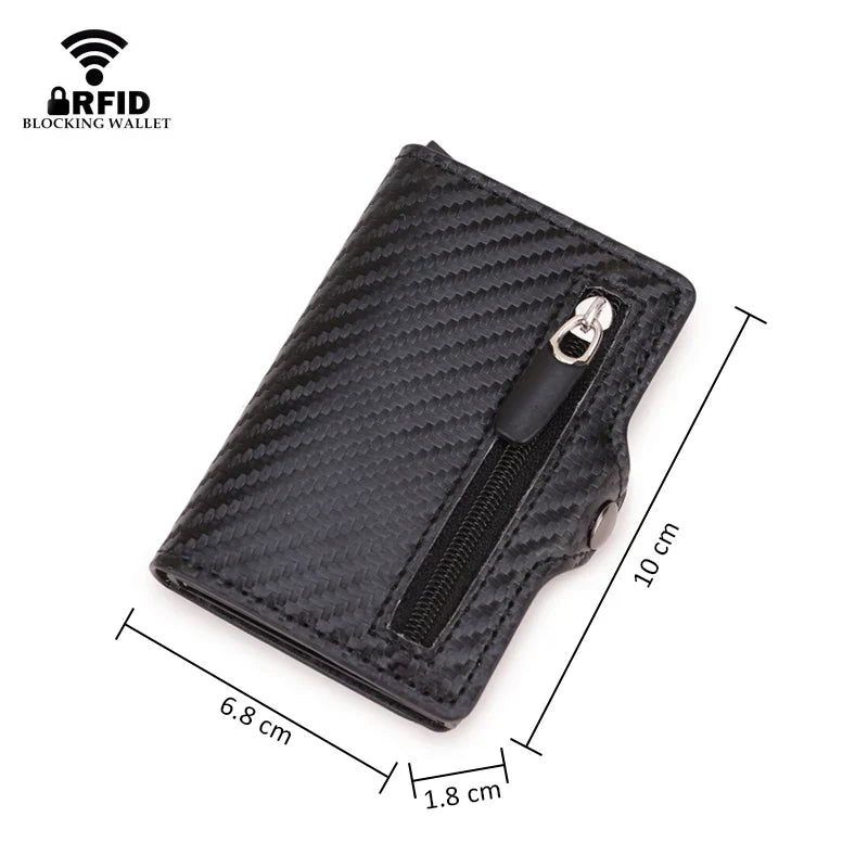 Compact Ultra-Thin Zip RFID Wallet in Carbon Fiber Effect PU Leather