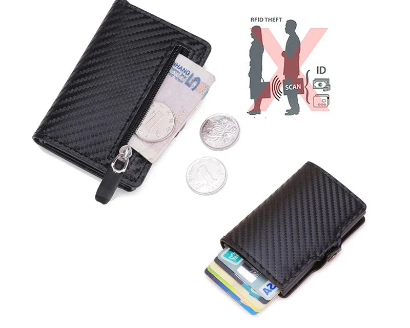 Compact Ultra-Thin Zip RFID Wallet in Carbon Fiber Effect PU Leather