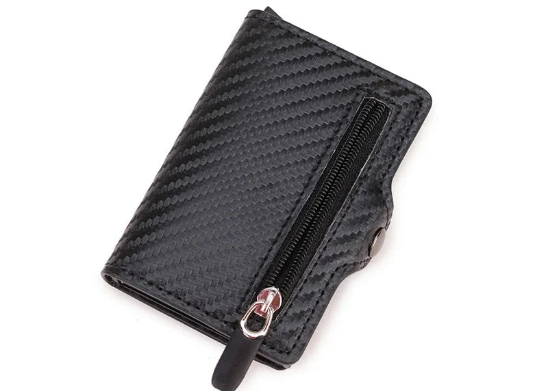 Compact Ultra-Thin Zip RFID Wallet in Carbon Fiber Effect PU Leather