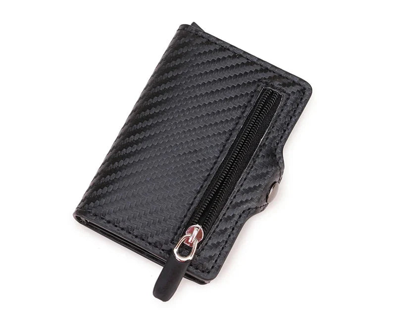 Compact Ultra-Thin Zip RFID Wallet in Carbon Fiber Effect PU Leather