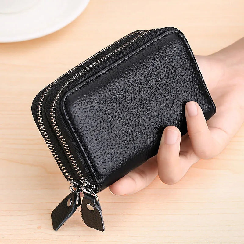 Genuine Leather RFID Card Holder with Double Zipper and Large Capacity