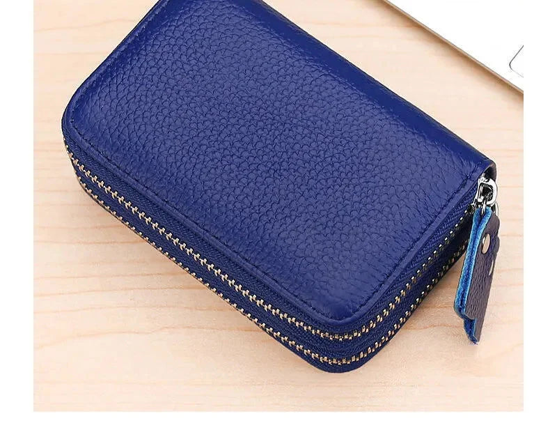 Genuine Leather RFID Card Holder with Double Zipper and Large Capacity